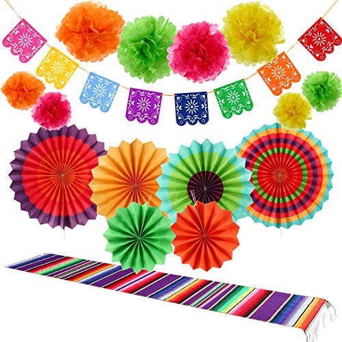 Product Cover 16 Pieces Fiesta Party Decorations Kit, 1 Mexican Serape Table Runner, 6 Fiesta Colorful Paper Fans Round Wheel Disc, 8 Pom Poms Flowers, 1 Felt Papel Picado Banner for Cinco De Mayo
