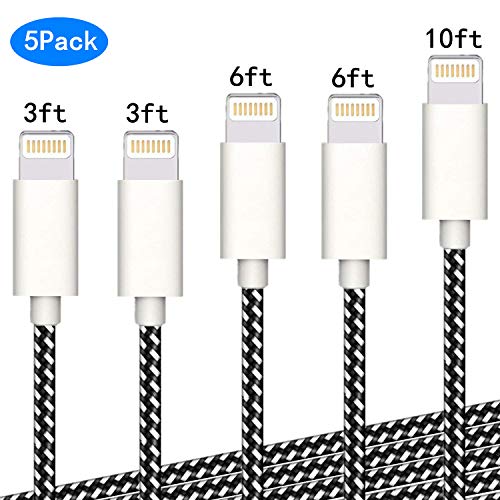 Product Cover iPhone Cable,Sharllen MFi Certified Lightning Cables 3/6/10FT Nylon Braided iPhone Charging Cord Fast USB Charging&Syncing Cord Compatible iPhone ChargerXS/Max/XR/X/8 P/8/7/7P/6/iPad 5Pack (Off-white)