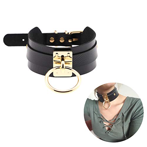 Product Cover Black Choker Necklace Classic Punk Goth Choker Gothic PU Leather O-Ring Collar Choker Metal for Girls Women Gold Color