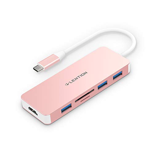 Product Cover LENTION USB C Hub with 4K HDMI, 3 USB 3.0, SD/TF Card Readers Compatible MacBook Pro 13/15/16 (Thunderbolt 3), 2018 2019 Mac Air, Surface Book 2/Go, Chromebook, Multi-Port Adapter (Rose Gold)