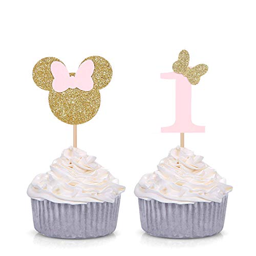 Product Cover Minnie Mouse Inspired First Birthday Party Picks - Pink and Gold Baby Girl Cupcake Toppers - Set of 24