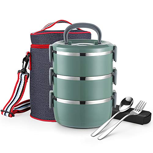Product Cover Stackable Themral Lunch Box, Arderlive Insulated Stainless Steel Lunch Container With Denim Lunch Bag & Cutlery, Leakproof Bento Box.（3 layer，Olive）