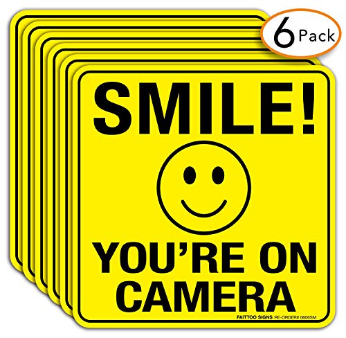 Product Cover Smile You're On Camera Sign Stickers 6 Pack - 6 x 6 Inches- 4 Mil Viny - Laminated for Ultimate UV, Weather, Scratch, Water and Fade Resistance - Easy to Stick - Use for CCTV Security Camera