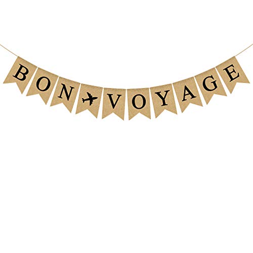 Product Cover Jute Burlap Bon Voyage Banner with Airplane Retirement, Travel Theme, Cruise Party Decoration