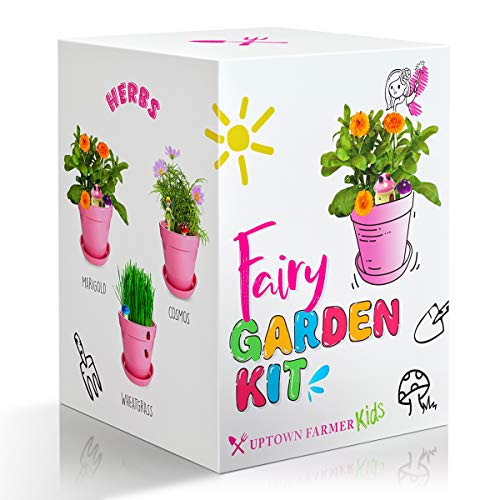 Product Cover Uptown Farmer Fairy Garden Kits for Girls for Kids 4-8 - Best Holiday 2019 - Stocking Stuffers Craft Accessories with Pots, Soil, Seeds, Toy Fairies - Great Arts and Crafts