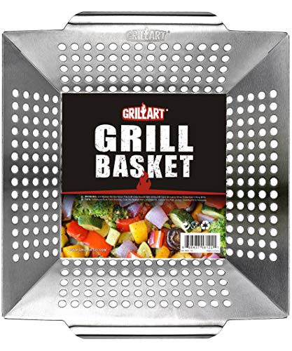 Product Cover GRILLART Grill Basket for Vegetables & Meat - Large Grill Wok/Pan for the Whole Family - Heavy Duty Stainless Steel Veggie Grilling Basket Built to Last - Best BBQ Accessories for All Grills & Smokers