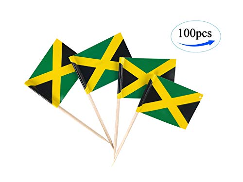 Product Cover Jamaica Flag Jamaican Flags,100 Pcs Cupcake Toppers Flag, Country Toothpick Flag,Small Mini Stick flags Picks Party Decoration Celebration Cocktail Food Bar Cake Flags