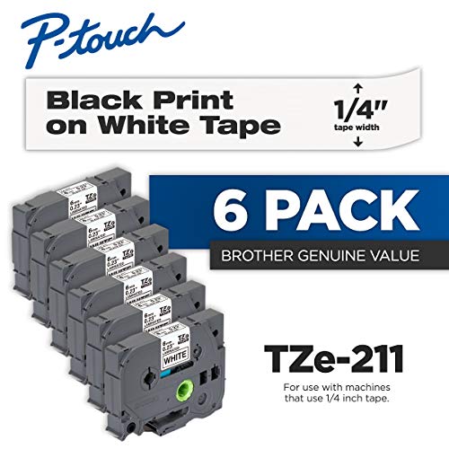 Product Cover Brother Genuine P-Touch 6-Pack TZe-211 Laminated Tape, Black Print on White Standard Adhesive Laminated Tape for P-Touch Label Makers, Each Roll is 0.23