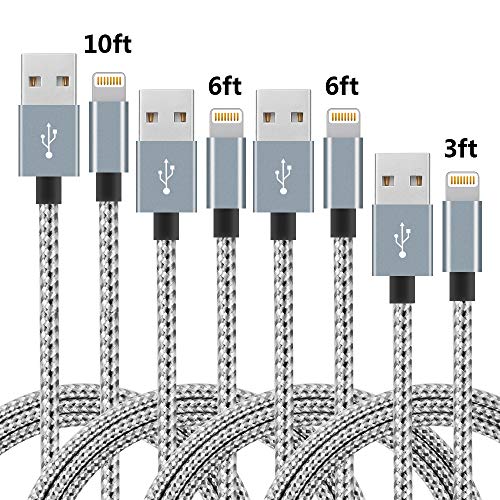 Product Cover IDiSON 4Pack(3ft 6ft 6ft 10ft) iPhone Lightning Cable Apple MFi Certified Braided Nylon Fast Charger Cable Compatible iPhone Max XS XR 8 Plus 7 Plus 6s 5s 5c Air iPad Mini iPod (Gray +White)