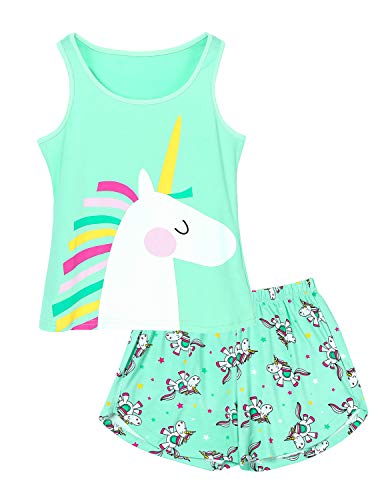 Product Cover Girls Tank Tops PJS - 100% Cotton Unicorn Sleeveless Shirt & Shorts Tween Pajama Set Size 6-16