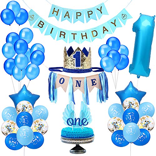 Product Cover Party 1st Birthday Boy Decorations | Includes High Chair Burlap Decoration Supplies Set, First Royal Prince Boy Crown Hat, Happy Birthday Banner, ONE Cake Topper, Angle Wings Cake Flag, Confetti Marble Foil and Latex Balloons