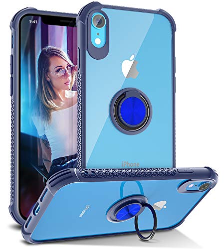 Product Cover iPhone Xr Case, Daupin Clear iPhone Xr Case with 360 Rotatable Ring Kickstand Magnetic Metal Car Mount Transparent Hard PC Shockproof Protective Soft Bumper TPU Case for Women Men (Blue)
