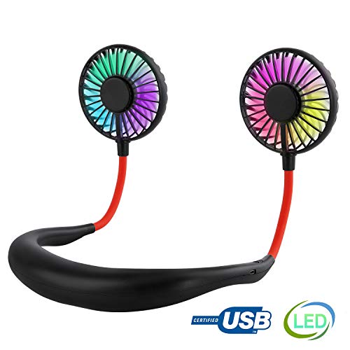 Product Cover Hand Free USB Personal Fan- Portable Handheld Mini LED Fan Headphone Design Neckband Fan Internal Rainbow and White Light, 3 Speeds, Quiet, Rechargeable Perfect for Sports, Traveling and Office