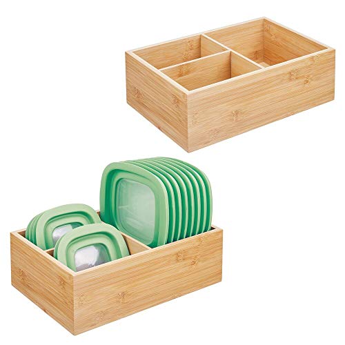 Product Cover mDesign Bamboo Wood Kitchen Storage Bin Organizer for Food Container Lids and Covers - Use in Cabinets, Pantries, Cupboards - Large Divided Organizer with 3 Sections, 2 Pack - Natural