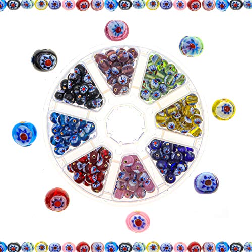 Product Cover Over 240 Millefiori Glass Beads for Jewelry Making Supplies for Adults - 6-7 mm Premium Assorted Mix of Round Flower Mosaic Beads for Bracelet and Necklace Crafting Supplies Kit w/Organizer