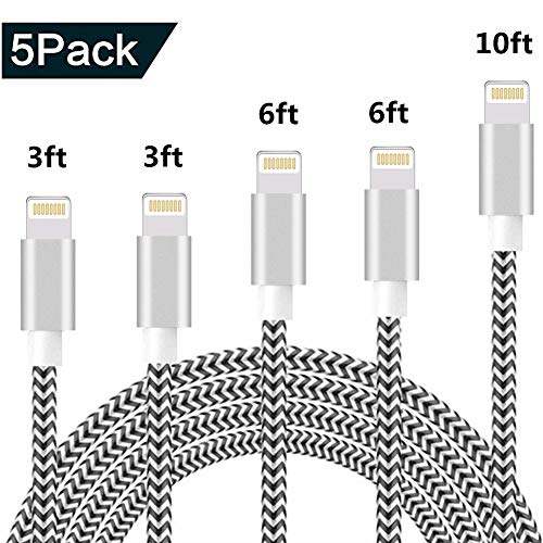 Product Cover Sharllen iPhone Charger MFi Certified Lightning Cable 3/3/6/6/10FT 5Pack Nylon Braided USB Fast iPhone Charging Cable&Syncing Long Cord Compatible iPhoneXs/Max/XR/X/8/8P/7/7P/6/iPad/iPod(Black&Silver)