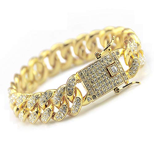 Product Cover HUAMING 12mm Gold Plated Hip Hop Iced Out CZ Lab Diamond Miami Cuban Link Chain Bracelet for Men and Women