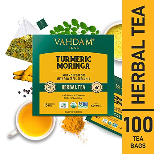 Product Cover VAHDAM, Turmeric + Moringa SUPERFOOD Herbal Tea, 100 Count | India's Ancient Medicine Blend of Turmeric & Garden Fresh Spices | Turmeric Tea Bags | Herbal Tea Bags | Detox Tea | Herbal Tea 100 Count