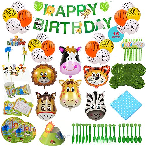 Product Cover Animal-Themed Birthday Party Supply, 228 PCS - 16 Serves, Jungle Zoo Farm Safari Invites/Tableware/Favors/Balloons/More!
