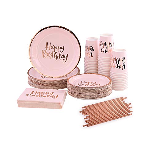 Product Cover Ottin Pink Happy Birthday Party Supplies for 50 Guests Rose Gold Foil Paper Plates and Napkins Set Perfect for Birthday Anniversary New Year