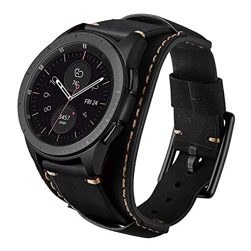 Product Cover Leotop Compatible with Samsung Galaxy Watch 46mm/Gear S3 Frontier/Classic Bands, 22mm Replacement Genuine Leather Cuff Strap with Stainless Steel Metal Buckle for Men Women (Black)
