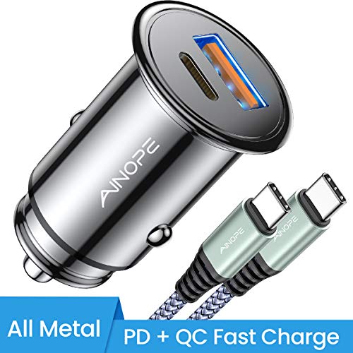 Product Cover USB C Car Charger Super Mini AINOPE All Metal 6A Fast USB Car Charger PD&QC 3.0 Dual Port Car Adapter Fit Compatible with iPhone 11/11 Pro/11 Pro Max/XS, Samsung Note 10/S10, Google Pixel 3/2/XL