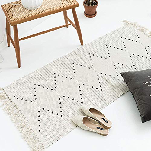 Product Cover Hand Woven Rug Runner, Neutral Small Boho Rug for Bedroom, Cute Tassels Tribal Kitchen/Laundry Rug Bathroom/Doorway Mat 2'x3', Beige