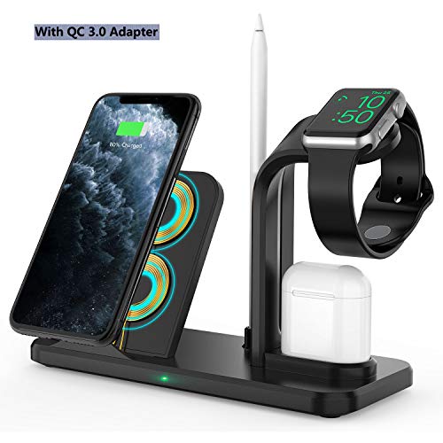 Product Cover Wireless Charger Stand,4 in 1 Qi-Certified Charging Station for iPhone 11 Pro/XR/8 Plus/XS/X/Samsung s10, Charger Stand for Apple Watch Series 5/4/3/2/1,Docking Holder for Airpods,with QC Adapter