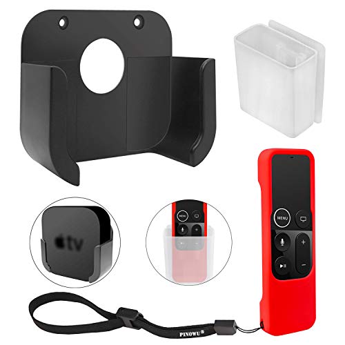 Product Cover TV Mount and Universal Remote Holder Compatible with Apple TV 4th and 4K 5th Generation - Pinowu Wall Mount and Remote Protective Case for TV 4th Gen Siri Remote Control (Black+Clear+Red)
