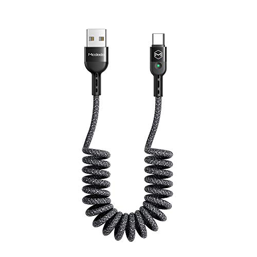 Product Cover [Type-C] Anti Winding Cable, Mcdodo Quick Charge QC 4.0 USB C Charging Data Coiled Cable Nylon Braided with LED Compatible with Samsung Galaxy S10,S9,S8+,Google,Nexus 6P,LG,HTC & More (Gray, 6FT/1.8M)