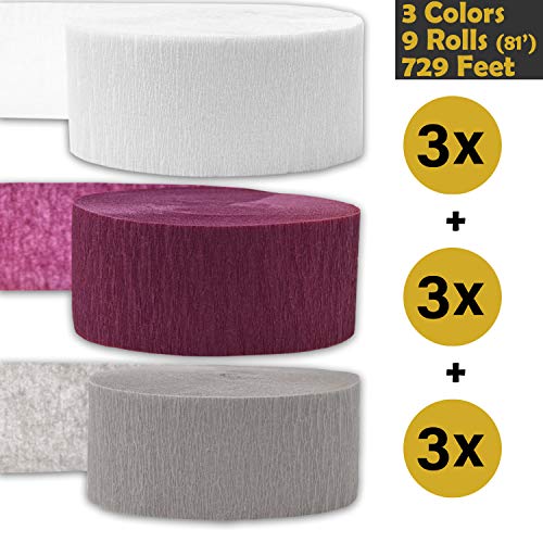 Product Cover Crepe Party Streamers, 9 rolls, 3 Colors, 739 ft - White + Sangria + Gray - 243' per color (3 rolls per color, 81 foot each roll) - For party Decorations and Crafts - Flame Resistant, Bleed Resistant, Made in USA
