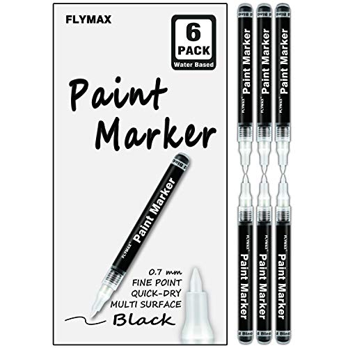 Product Cover Black Acrylic Paint Pen, 6 Pack 0.7mm Acrylic Black Permanent Marker Black Paint Pen for Glass Ceramic Rock Leather Plastic Stone Metal Canvas Enamel Marker Waterproof Writing Extra Fine Point