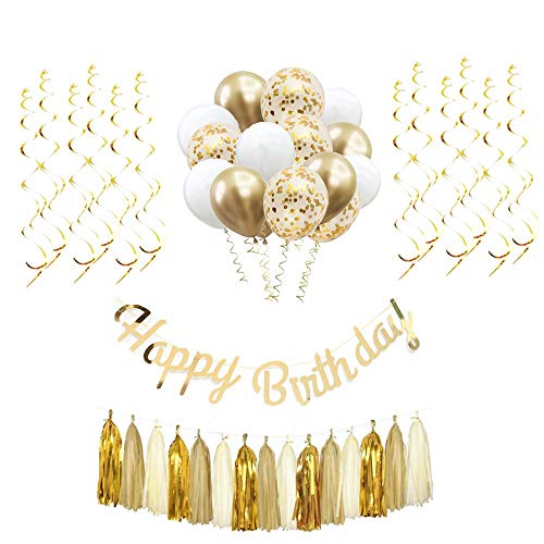 Product Cover Happy Birthday Decorations,Gold party supplies,Birthday Party Kit Includes Gold Happy Birthday Banner,Metallic Latex Balloons in White and Gold,Confetti Balloons,Gold Hanging Swirls and Tassel Garland