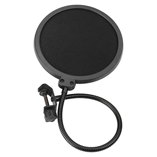 Product Cover Pop Filter - Studio Double Round Shape Microphone Screen Pop Filter Double Layer Sound Shield Guard Wind Screen with Swivel 360 Degree Flexible Gooseneck Stabilizing Arm For Recordings, Broadcast