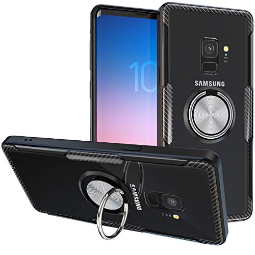 Product Cover Samsung Galaxy S9 Case | Transparent Crystal Clear Cover | Slim Silicone Rubber Bumper Frame | 360° Rotating Magnetic Finger Ring | Kickstand | Compatible with Samsung Galaxy S9 - Black