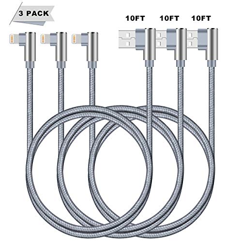 Product Cover 90 Degree Lightning Cable 10FT 3 Pack Right Angle iPhone Charging Cord Compatible with iPhone X 8 7 6 Plus iPad (Grey,10 Foot)