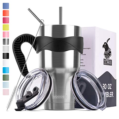 Product Cover Koodee 30 oz Stainless Steel Tumbler with handle, 2 Lids, 2 Straws, Pipe Brush, 7 Pieces in Gift Box (30 oz, Stainless Steel)
