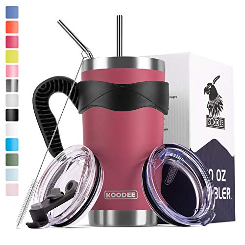 Product Cover Koodee 20 oz Rose Red Tumbler Stainless Steel Insulated Coffee Cup with 2 Straws and 2 Lids, Brush,Handle, Gift Box (20 oz, Rose Red)