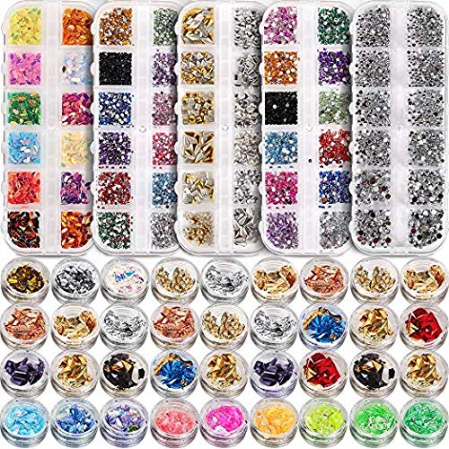 Product Cover 5 box 11440pcs Nails Rhinestones and 36 Pots Foils Flakes, Teenitor professional Nail Decoration with Gems for Nails Stud Foil for Nails Art