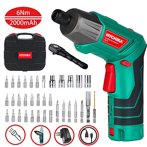 Product Cover Cordless Screwdriver 6 N.m, HYCHIKA 3.6V 2.0Ah Electric Screwdriver, Front LED and Rear Flashlight, Ratchet Wrench, DC Charging with USB Cable, 36pcs Accessories, Carrying Box
