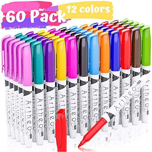 Product Cover Dry Erase Whiteboard Markers Pack of 60 ARTHEO - 12 Colors With Fine Bullet Tip For Max Visibility - Low-Odor & Non-Toxic, Smear-Free, Works On Most Non-Porous Surfaces - Dry Erase Markers Bulk Pack