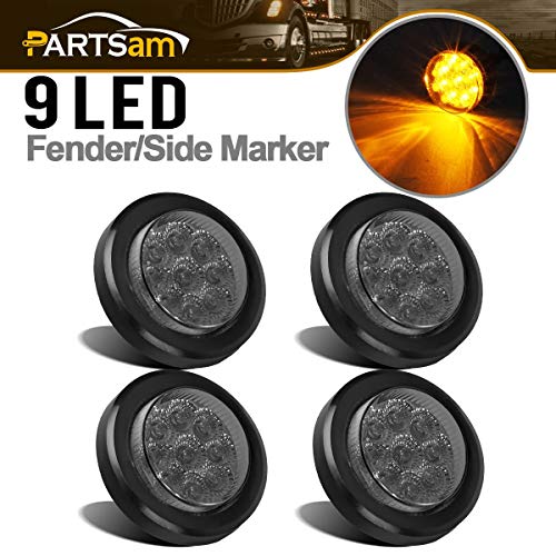 Product Cover Partsam 4Pcs 2 Inch Smoked Round led Marker Lights Kit 9 Amber Diodes w Reflectors Truck Trailer Rv Flush Mount Waterproof 12V 2 Round Amber Led Marker Lights Grommets and Pigtails Included