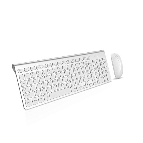 Product Cover Wireless Keyboard and Mouse Combo, Gamcatz Cordless Ergonomic Ultra Thin Full Size Keyboard with Number Pad and Rechargeable Slient Click Mouse Set for PC, Laptop, Desktop, Windows, Mac OS(Silver Whit