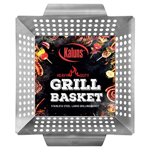 Product Cover Kaluns Grill Basket - Best Grilling Basket for Vegetables and Shrimp - Heavy-Duty Stainless Steel Material - Perfect Size Fits Most Grills - Great for BBQ or Oven Use BBQ Accessories