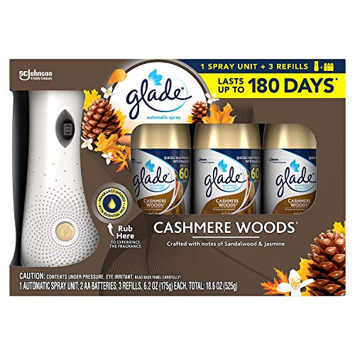 Product Cover Glade Automatic Spray Cashmere Woods: 1 Automatic Spray Unit; 2 AA Batteries; 3 Refills, 6.2 oz Each, Total: 18.6 oz