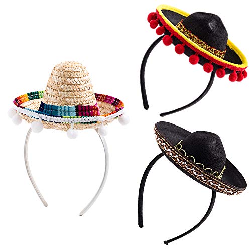 Product Cover 3Pcs Cinco De Mayo Sombrero Headband, Fiesta Sombrero Party Hats with Ball Fringe Decoration for Carnivals Festivals, Dia De Muertos, Coco Theme, Wedding, Birthdays and Party supplies