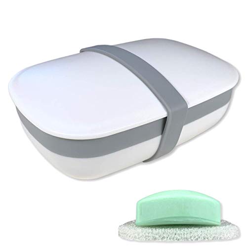 Product Cover kiasona Travel Soap case Box, soap Holder Dish Container with Sponge and Silicone Band, Strong Sealing, Leak-Proof, Portable, Perfect for Home, Camping, Gym, Hiking, Outdoor Activities/White