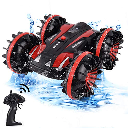 Product Cover Flyglobal Waterproof RC Cars 4WD, Remote Control Car Boat Truck Vehicles 2.4Ghz Off Road Water and Land Double Sided Rotate, 360 Degree Spins and Flips Car Summer Toys for Kids Boys, Red
