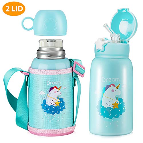 Product Cover Unicorn Water Bottle with Straw for Kids, Cute Toddler Stainless Steel Thermos Cup with Carrier Holder Shoulder Strap and Spare Cover Lid, Insulated Leakproof BPA Free Flip Lid (21 oz Blue)