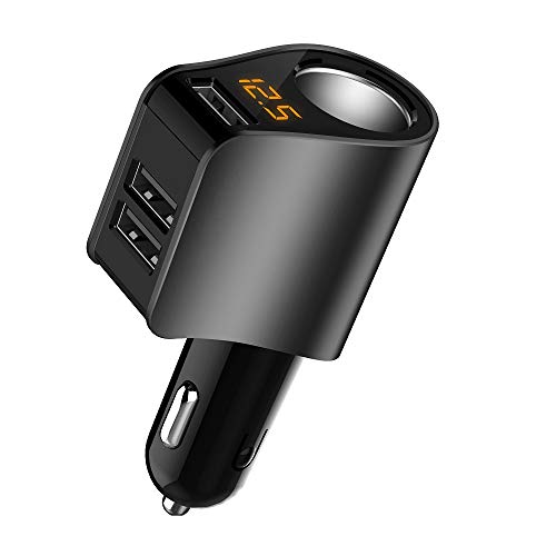 Product Cover Car Charger Extension Cigarette Lighter Adapter,Socket Splitter with 3 USB and Voltage Meter,Compatible for iPhone 8/7/X/6S/XR,iPad,Samsung Galaxy S9/S8,iPad,GPS,Android Phone (Black)